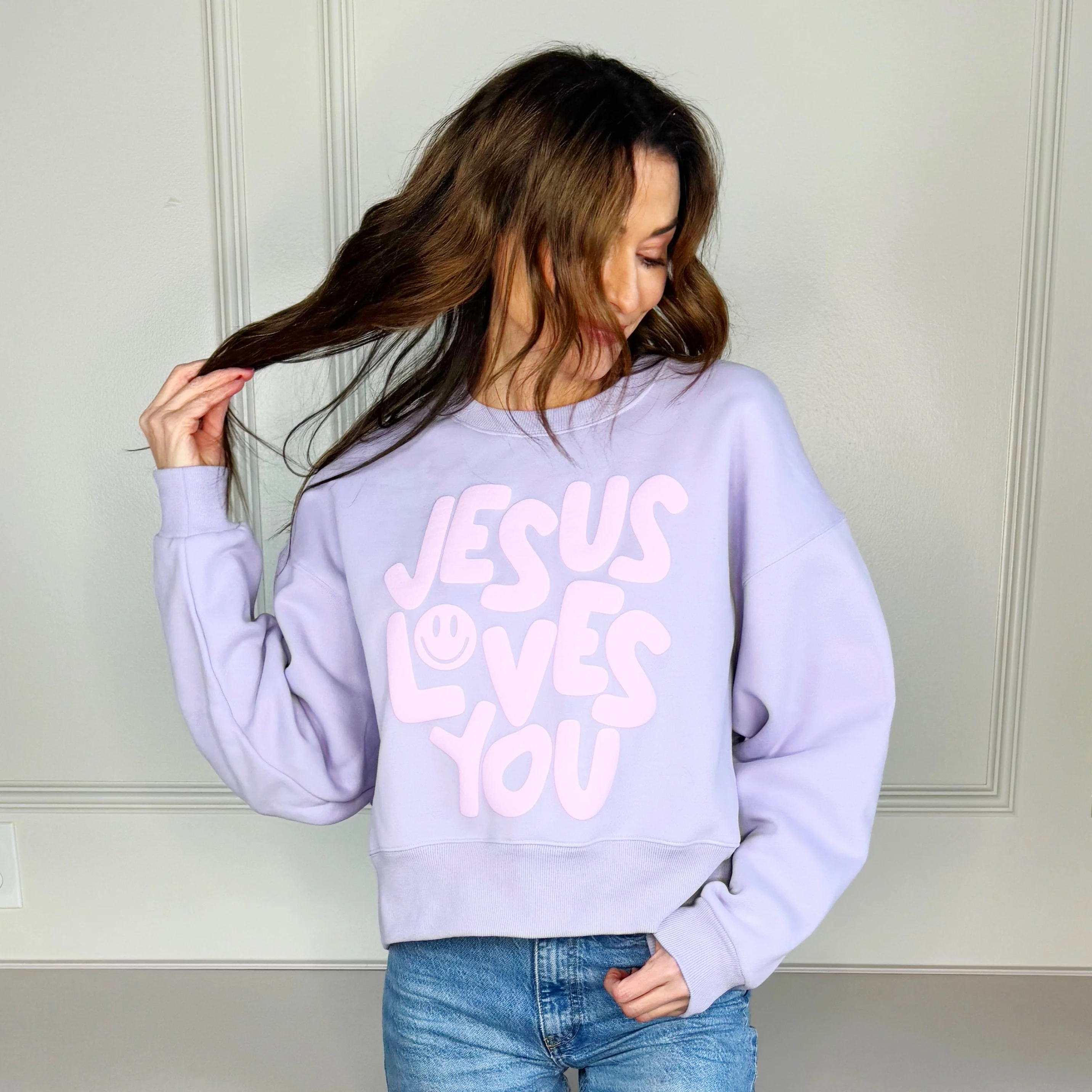 Smiley Jesus Loves You Puff Purple Crop Sweatshirt