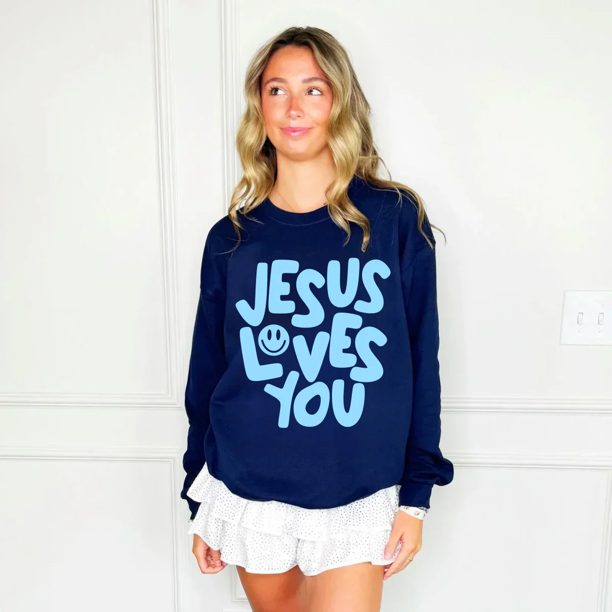 Smiley Jesus Loves You Puff Blue Sweatshirt